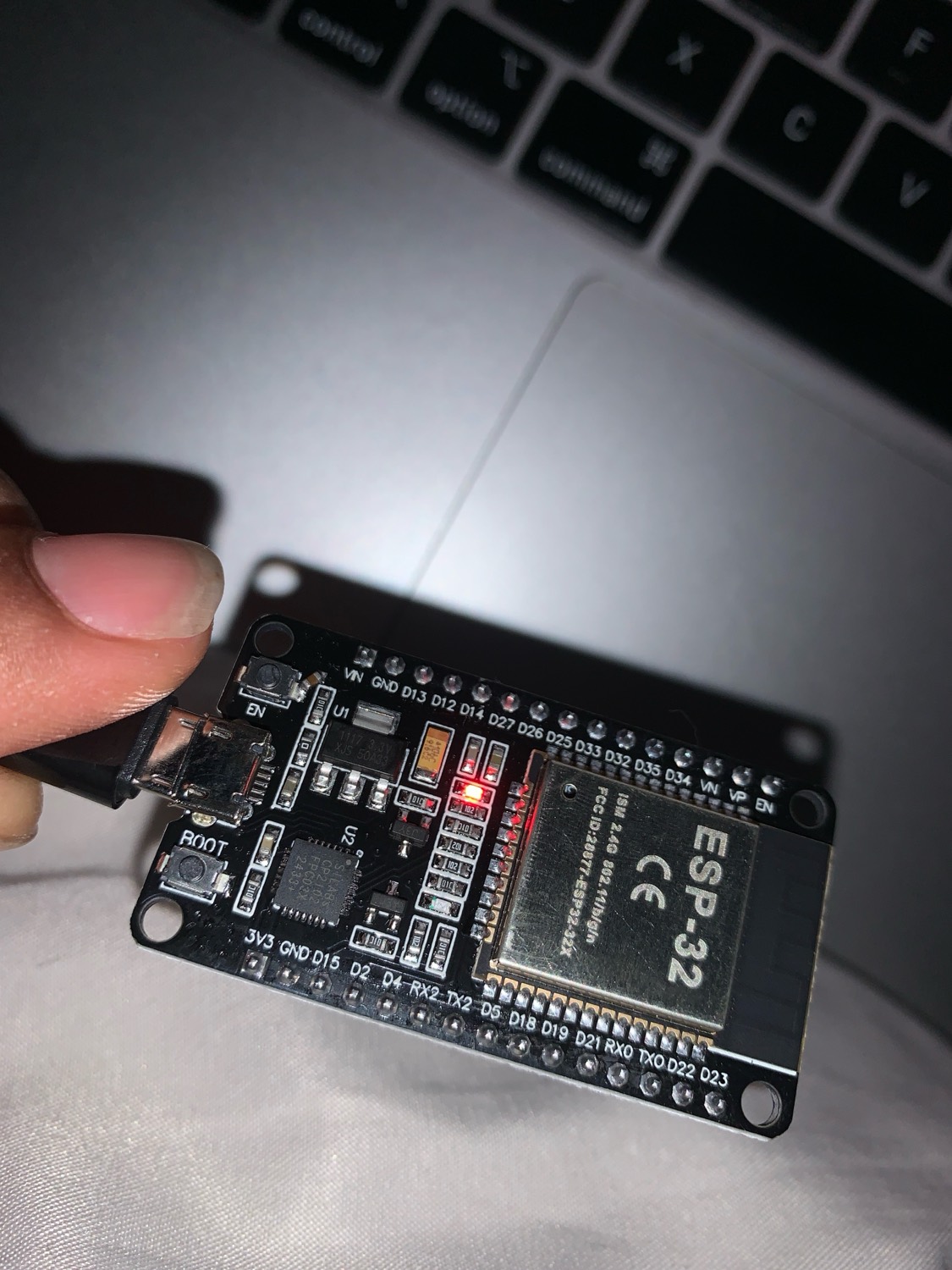 An ESP32 development board in hand