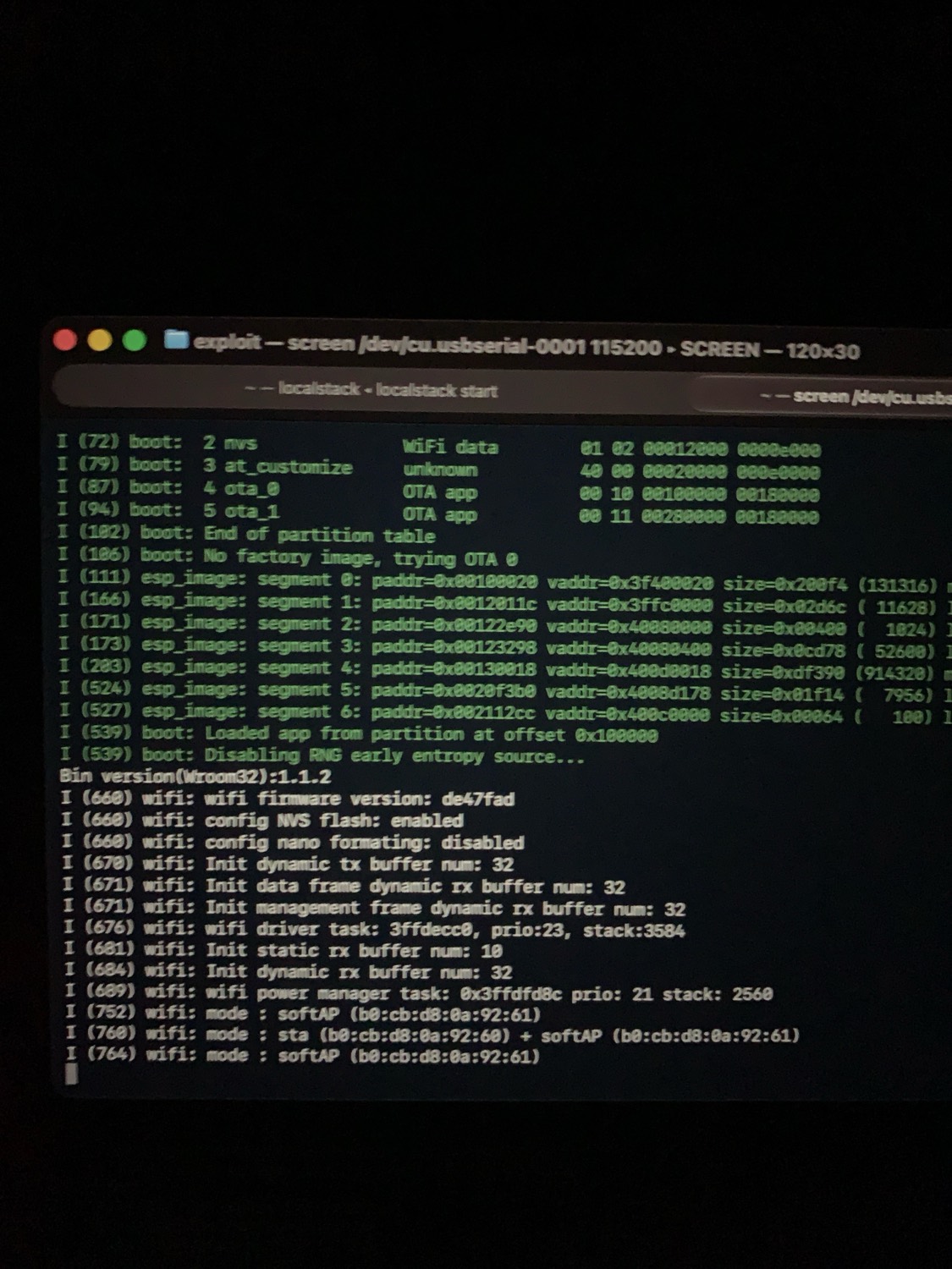 ESP32 serial boot log on a terminal
